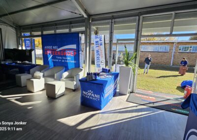 Indoor event setup with promotional materials
