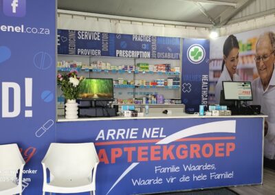 Pharmacy display with various products.