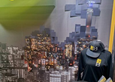 City skyline with branded merchandise display